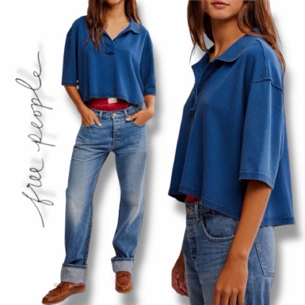 Free People Women’s Denmark Bellwether Blue Cropped Polo Shirt in Size X-Large